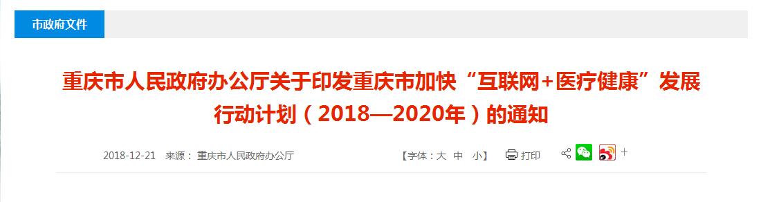  重庆市人民政府办公厅关于印发重庆市加快“互联网+医疗健康”发展行动计划（2018—2020年）的通知